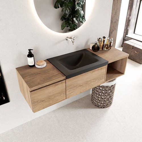 BUKLA 140cm mueble de baño con módulo abierto 40 derecho Washed Oak 2 cajones. Lavabo CLOUD centro sin orificios color Urban