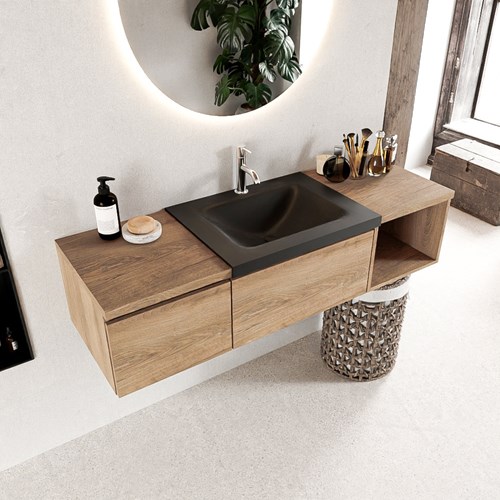 BUKLA 140cm mueble de baño con módulo abierto 40 derecho Washed Oak 2 cajones. Lavabo CLOUD centro 1 orificio color Urban