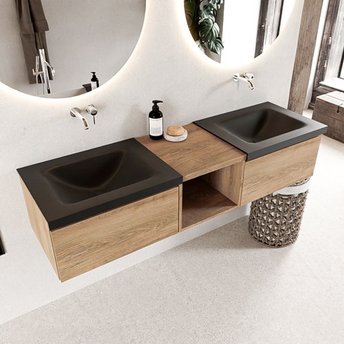BUKLA 160cm mueble de baño con módulo abierto 40 Washed Oak 2 cajones. Lavabo CLOUD duble sin orificios color Urban
