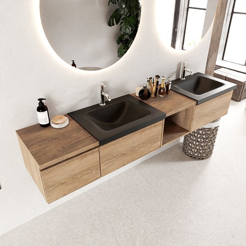 BUKLA 200cm mueble de baño con módulo abierto 40 derecho Washed Oak 3 cajones. Lavabo CLOUD duble 2 orificios color Urban
