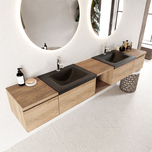 BUKLA 240cm mueble de baño con módulo abierto 40 centro Washed Oak 4 cajones. Lavabo CLOUD duble 2 orificios color Urban