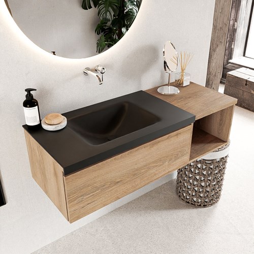 BUKLA 120cm mueble de baño con módulo abierto 40 Washed Oak 1 cajón. Lavabo CLOUD izquierda sin orificios color Urban