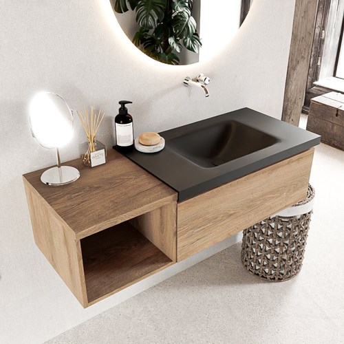 BUKLA 120cm mueble de baño con módulo abierto 40 Washed Oak 1 cajón. Lavabo CLOUD derecho sin orificios color Urban