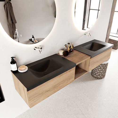 BUKLA 200cm mueble de baño con módulo abierto 40 Washed Oak 2 cajones. Lavabo CLOUD duble sin orificios color Urban