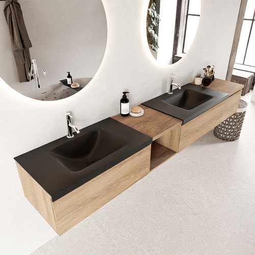 BUKLA 240cm mueble de baño con módulo abierto 40 izquierda Washed Oak 3 cajones. Lavabo CLOUD duble 2 orificios color Urban