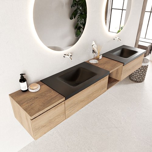 BUKLA 240cm mueble de baño con módulo abierto 40 derecho Washed Oak 3 cajones. Lavabo CLOUD duble sin orificios color Urban