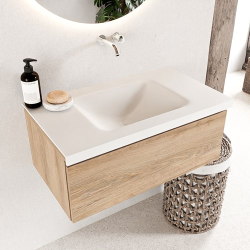 BUKLA 80cm mueble de baño Washed Oak 1 cajón. Lavabo CLOUD centro sin orificios color Talc