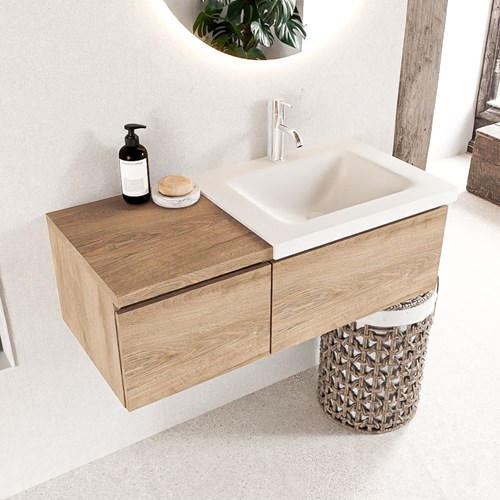 BUKLA 100cm mueble de baño con módulo 40 Washed Oak 2 cajones. Lavabo CLOUD derecho 1 orificio color Talc