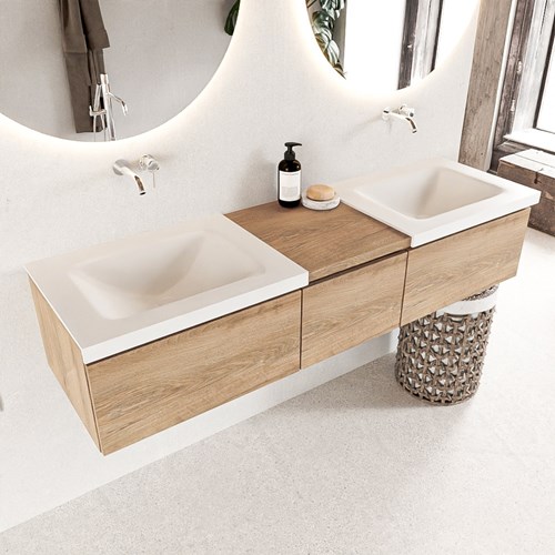 BUKLA 160cm mueble de baño con módulo 40 Washed Oak 3 cajones. Lavabo CLOUD duble sin orificios color Talc