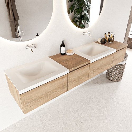 BUKLA 200cm mueble de baño con módulo 40 izquierda Washed Oak 4 cajones. Lavabo CLOUD duble sin orificios color Talc
