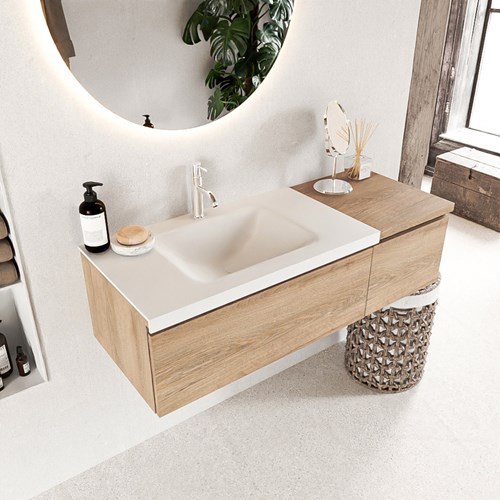 BUKLA 120cm mueble de baño con módulo 40 Washed Oak 2 cajones. Lavabo CLOUD izquierda 1 orificio color Talc