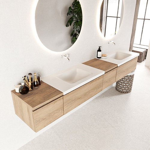 BUKLA 240cm mueble de baño con módulo 40 derecho Washed Oak 4 cajones. Lavabo CLOUD duble sin orificios color Talc
