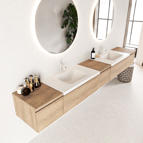 BUKLA 280cm mueble de baño con módulo 40 Washed Oak 5 cajones. Lavabo CLOUD duble 2 orificios color Talc