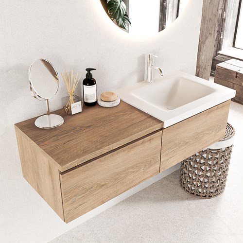 BUKLA 120cm mueble de baño con módulo 60 Washed Oak 2 cajones. Lavabo CLOUD derecho 1 orificio color Talc