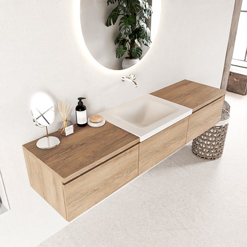 BUKLA 180cm mueble de baño con módulo 60 Washed Oak 3 cajones. Lavabo CLOUD centro sin orificios color Talc