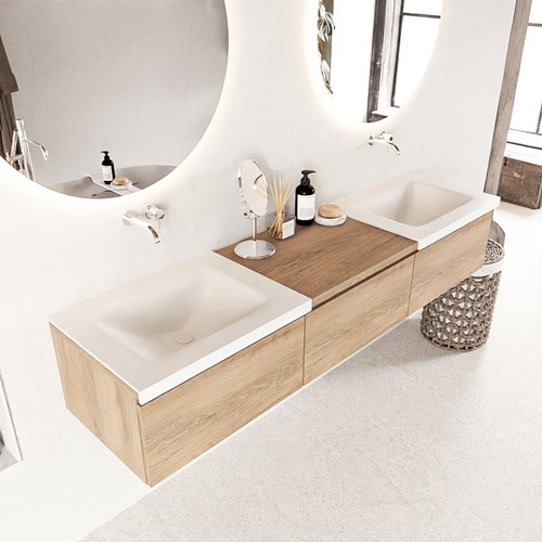 BUKLA 180cm mueble de baño con módulo 60 Washed Oak 3 cajones. Lavabo CLOUD duble sin orificios color Talc