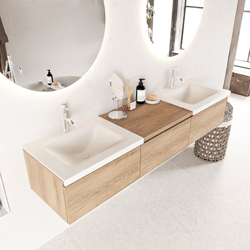 BUKLA 180cm mueble de baño con módulo 60 Washed Oak 3 cajones. Lavabo CLOUD duble 2 orificios color Talc