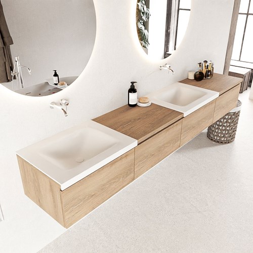 BUKLA 240cm mueble de baño con módulo 60 derecho Washed Oak 4 cajones. Lavabo CLOUD duble sin orificios color Talc