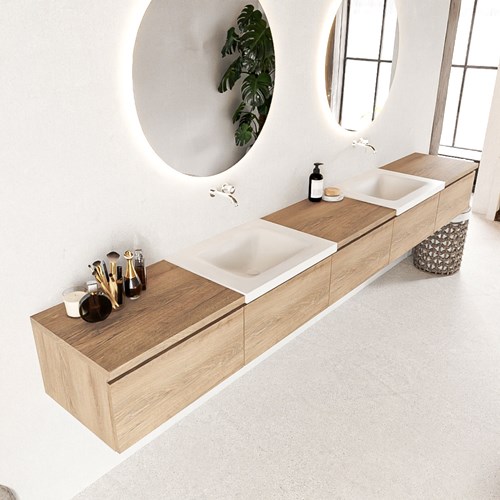 BUKLA 300cm mueble de baño con módulo 60 Washed Oak 5 cajones. Lavabo CLOUD duble sin orificios color Talc