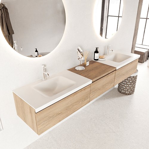 BUKLA 220cm mueble de baño con módulo 60 Washed Oak 3 cajones. Lavabo CLOUD duble 2 orificios color Talc