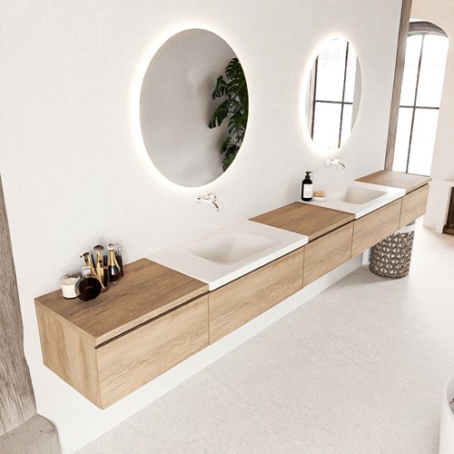 BUKLA 340cm mueble de baño con módulo 60 Washed Oak 5 cajones. Lavabo CLOUD duble sin orificios color Talc