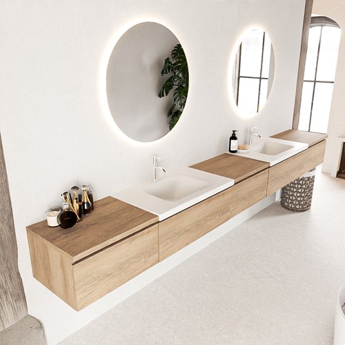 BUKLA 340cm mueble de baño con módulo 60 Washed Oak 5 cajones. Lavabo CLOUD duble 2 orificios color Talc