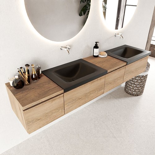 BUKLA 200cm mueble de baño con módulo 40 derecho Washed Oak 4 cajones. Lavabo CLOUD duble sin orificios color Urban