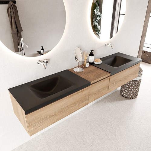 BUKLA 200cm mueble de baño con módulo 40 Washed Oak 3 cajones. Lavabo CLOUD duble sin orificios color Urban