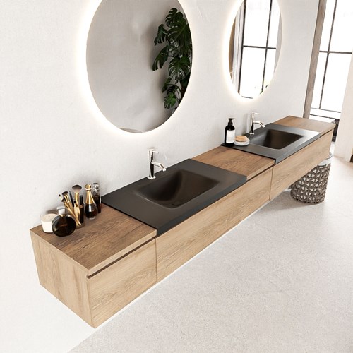 BUKLA 280cm mueble de baño con módulo 40 Washed Oak 5 cajones. Lavabo CLOUD duble 2 orificios color Urban