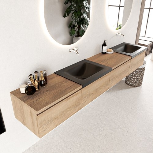 BUKLA 240cm mueble de baño con módulo 60 izquierda Washed Oak 4 cajones. Lavabo CLOUD duble sin orificios color Urban