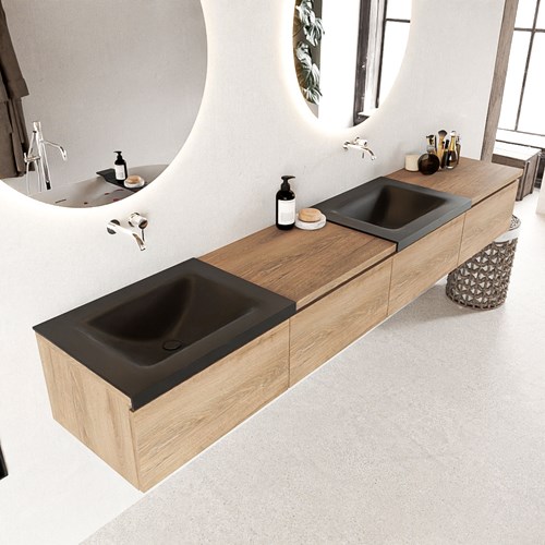BUKLA 240cm mueble de baño con módulo 60 derecho Washed Oak 4 cajones. Lavabo CLOUD duble sin orificios color Urban