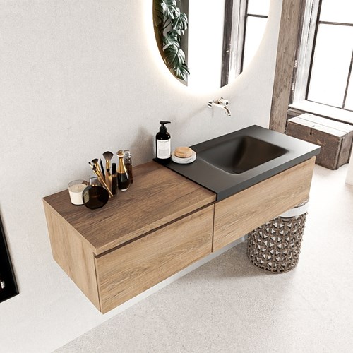 BUKLA 140cm mueble de baño con módulo 60 Washed Oak 2 cajones. Lavabo CLOUD derecho sin orificios color Urban