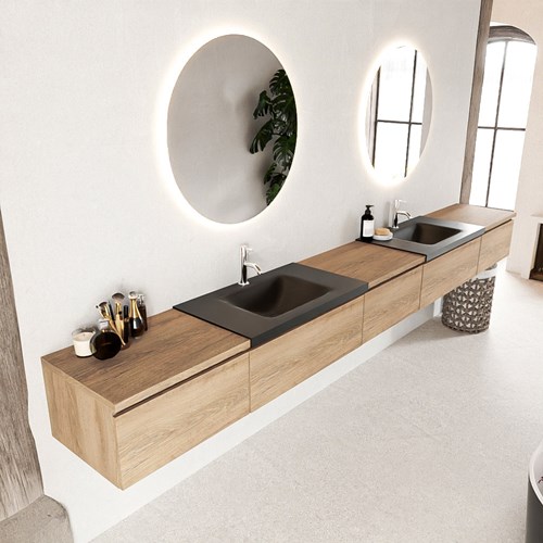 BUKLA 340cm mueble de baño con módulo 60 Washed Oak 5 cajones. Lavabo CLOUD duble 2 orificios color Urban