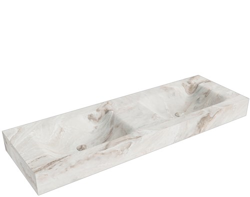 CLOUD Frappe freihängend Waschtisch aus solid surface (mineralwerkstoff) 140cm. Waschbeckenposition Doppelt rand 12cm hoch.