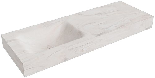 CLOUD Ostra freihängend Waschtisch aus solid surface (mineralwerkstoff) 131cm. Waschbeckenposition Links rand 12cm hoch.
