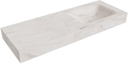 CLOUD Ostra freihängend Waschtisch aus solid surface (mineralwerkstoff) 130cm. Waschbeckenposition Rechts rand 12cm hoch.