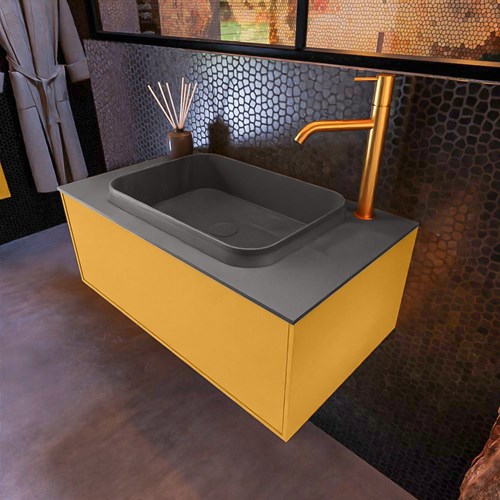 ERIN 80cm bathroom vanity set Ocher with 1 drawer. Vanity top RIDGE Center 1 tab hole color Dark Grey.
