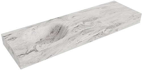 MOON Glace freihängend Waschtisch aus solid surface (mineralwerkstoff) 150cm. Waschbeckenposition Links rand 12cm hoch.