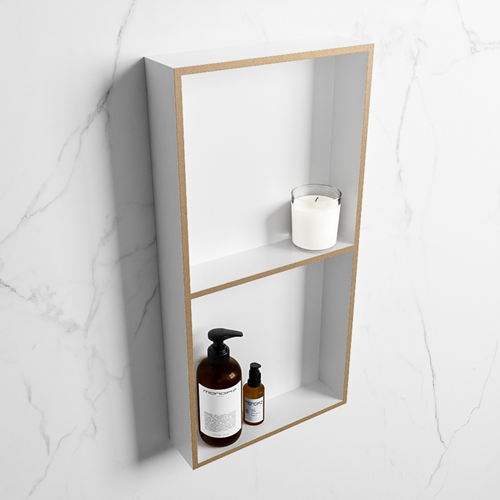 EASY Nicho de ducha 59,5x29,5cm solid surface color Oro / Talc. 2 compartimentos apto para instalación empotrada y sobreponer.