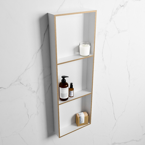 EASY Nicho de ducha 89,5x29,5cm solid surface color Oro / Talc. 3 compartimentos apto para instalación empotrada y sobreponer.