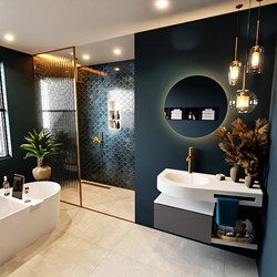 RIVA 100cm badmeubel onderkast / planchet kleur Dark_Grey met 1 lade. Wastafel DULCET links 1 kraangat kleur Talc.