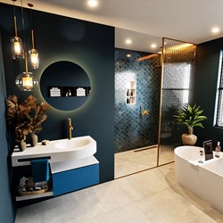 RIVA 100cm badmeubel onderkast / planchet kleur Jeans met 1 lade. Wastafel DULCET rechts 1 kraangat kleur Talc.