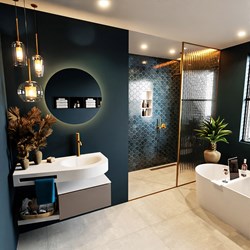 RIVA 100cm badmeubel onderkast / planchet kleur Smoke met 1 lade. Wastafel DULCET rechts 1 kraangat kleur Talc.