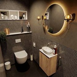 FOWY 40cm mueble fondo reducido Washed Oak. Lavabo sobre encimera posición Centro sin orificio color Talc | Talc.