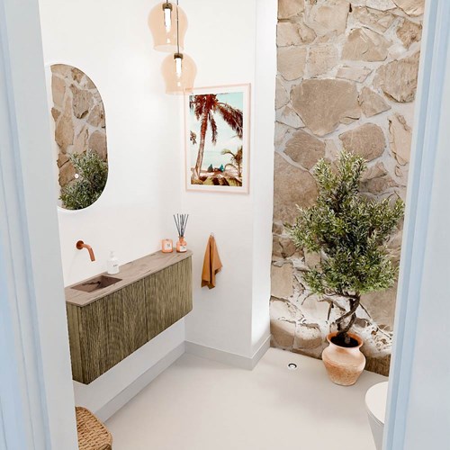JOYA-DLUX 101,6cm toiletmeubel ronding rechts kleur Dusk. Wastafel FAYE positie Links Zonder kraangat kleur Arena.