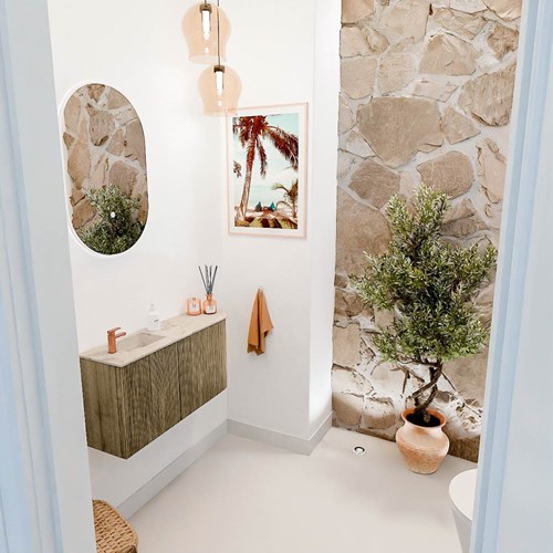 JOYA-DLUX 81,6cm mobile lavabo colore curva destra Dusk. Lavabo FAYE posizione Sinistra 1 foro per rubinetto colore Frappe.