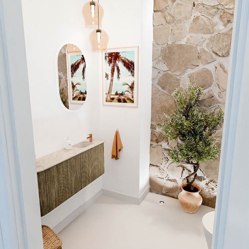 JOYA-DLUX 101,6cm mueble fondo reducido curva izquierda color Dusk. Lavabo FAYE posición Derecho 1 orificio color Frappe.