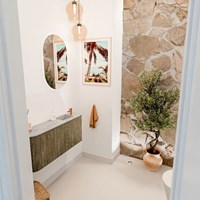 JOYA-DLUX 91,6cm toiletmeubel ronding links kleur Dusk. Wastafel FAYE positie Rechts 1 kraangat kleur Glace.