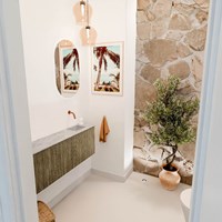 JOYA-DLUX 111,6cm mueble fondo reducido curva izquierda color Dusk. Lavabo FAYE posición Derecho sin orificio color Glace.