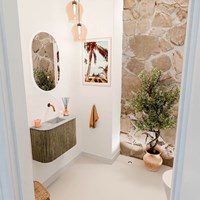 JOYA-DLUX 63,2cm mobile lavabo colore curva sinistra + destra Dusk. Lavabo FAYE posizione Centro senza foro per il rubinetto colore Glace.